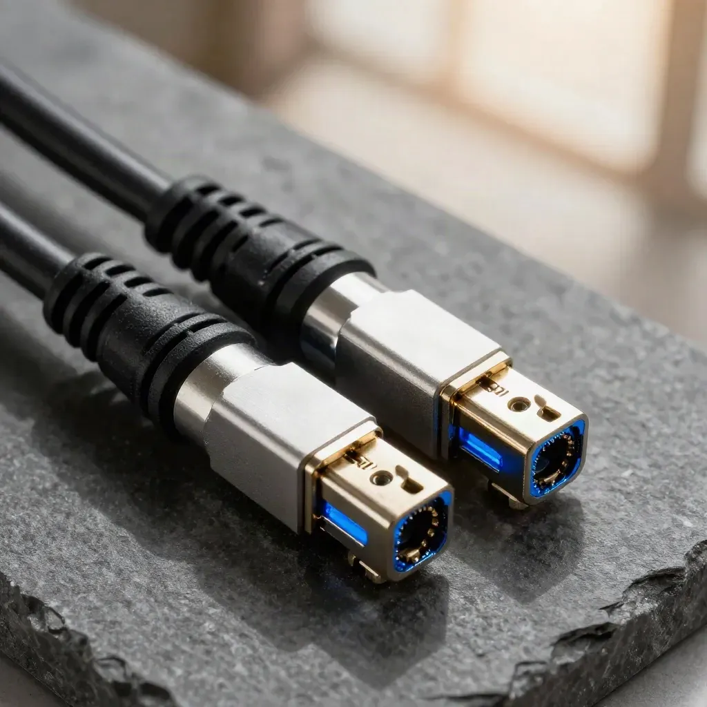 그래파이트 바닥 위 광섬유 트렁크, LC 커넥터와 SFP 트랜시버 매크로 사진
