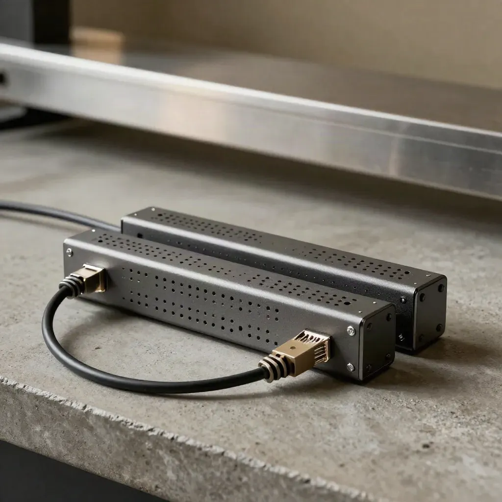 회색 스튜디오 위에 브랜치 게이트웨이 장비 두 대와 짧은 패치 케이블이 놓인 제품 스틸라이프